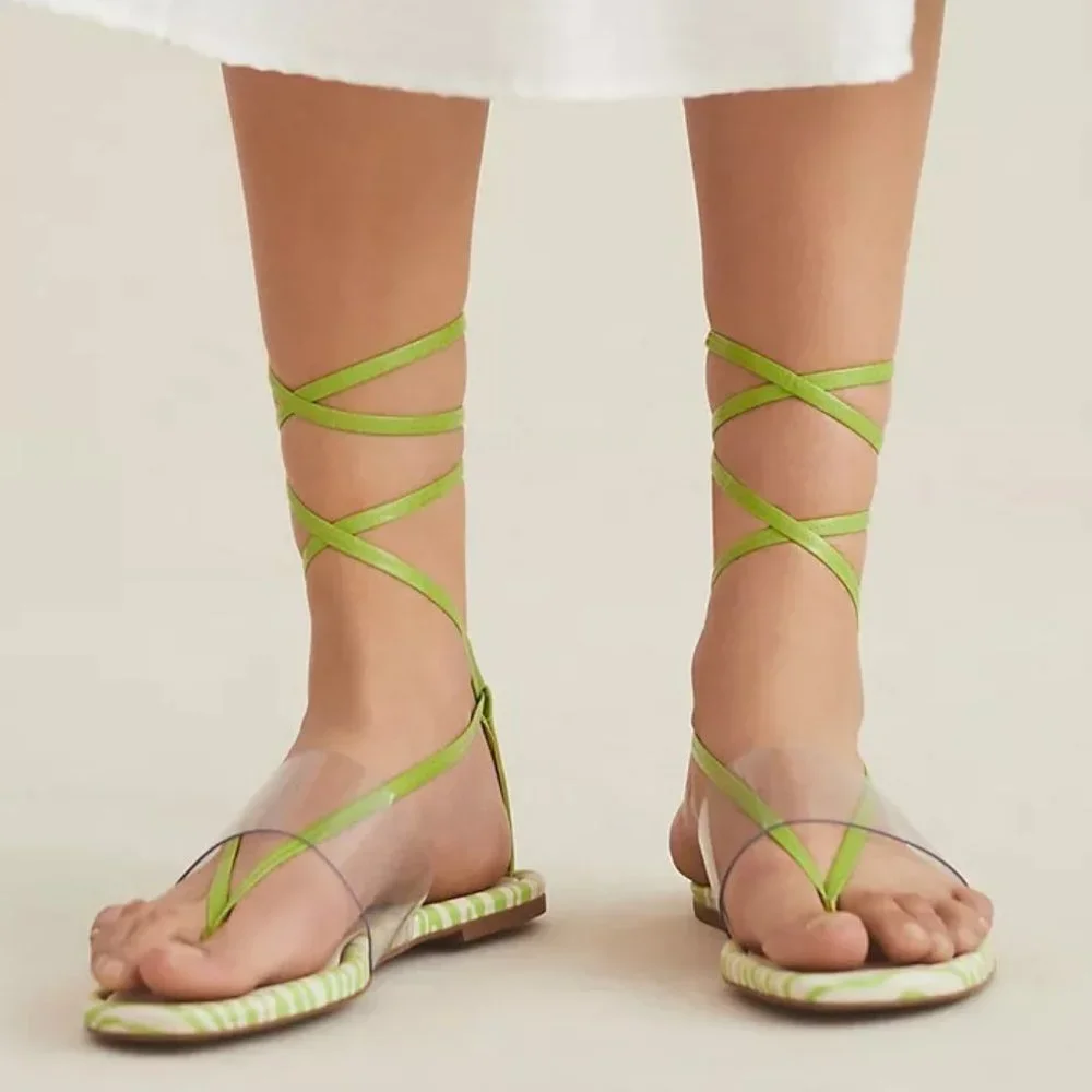 NEW Anthropologie Vicenza Transparent Zebra Sandal Tie Up Thong Sandals in Lime
